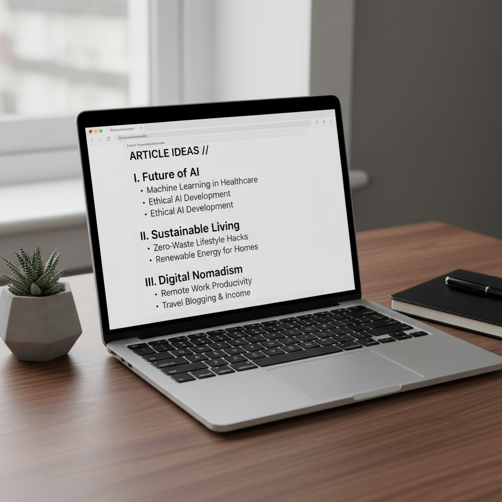 An open laptop with a crisp, white text editor fills the center of a tidy workspace, its screen displaying several organized headings and bullet points, as if outlining diverse article ideas. The laptop sits on a smooth walnut desk with a subtle grain, flanked by a small, geometric concrete planter holding a resilient green succulent and a simple black notebook. Diffused overcast light from a nearby window washes the scene in even, soft brightness, reducing harsh contrasts and emphasizing clarity. The camera captures the scene from a slightly elevated angle, with sharp focus on the keyboard and screen while the edges of the desk gently blur. The mood is organized, thoughtful, and professional, rendered in photographic realism with a modern, minimal aesthetic.