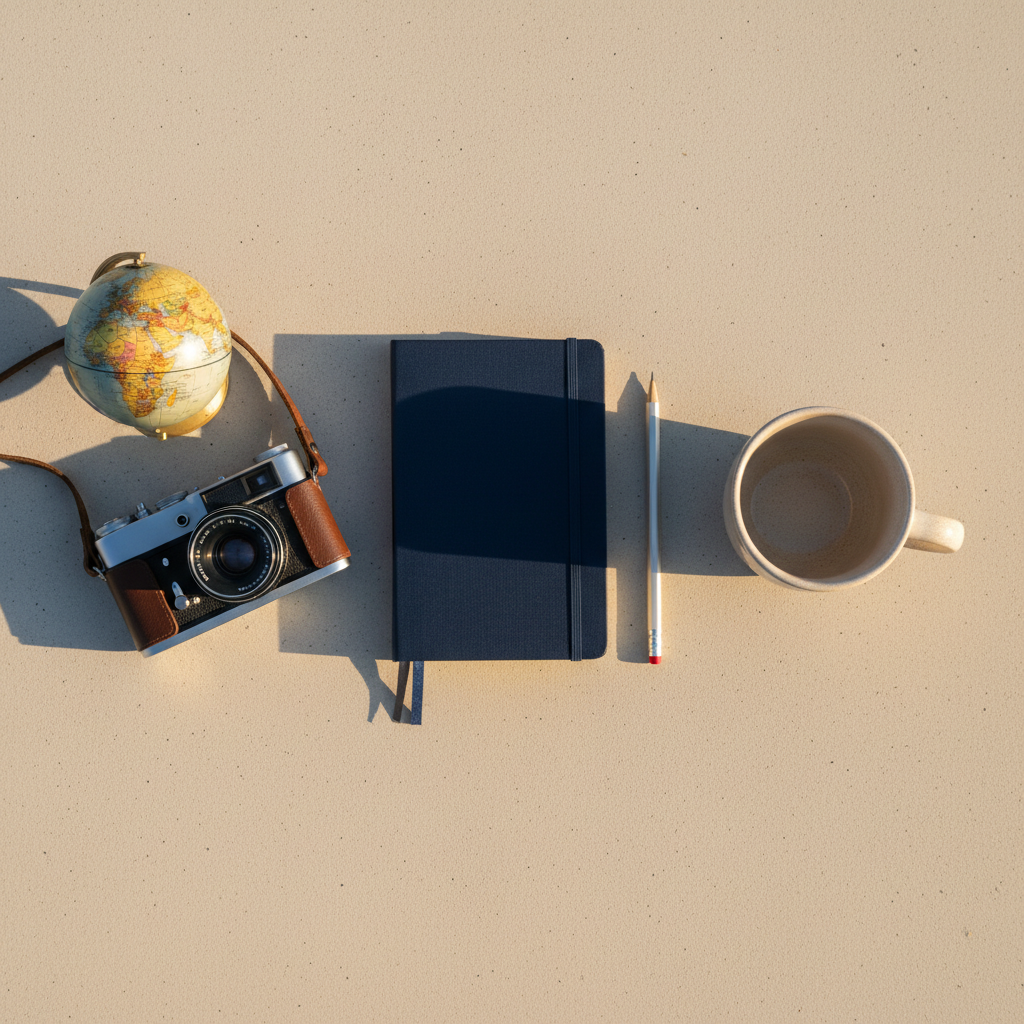 A collection of neatly arranged objects symbolizing varied topics sits on a light concrete surface: a small globe with detailed continents, a classic analog camera with a textured leather body, a closed navy-blue notebook, a slender mechanical pencil, and a glossy ceramic mug. Each item is spaced with intentional balance, suggesting different areas of thought—travel, creativity, planning, and reflection. Soft golden-hour light from the right side casts warm highlights on metallic edges and gentle shadows that extend diagonally across the frame. The scene is captured from a top-down bird’s-eye view, creating a clean, editorial composition with subtle depth from the objects’ heights. The atmosphere is curious and exploratory yet professional, in crisp photographic realism with understated, natural colors.