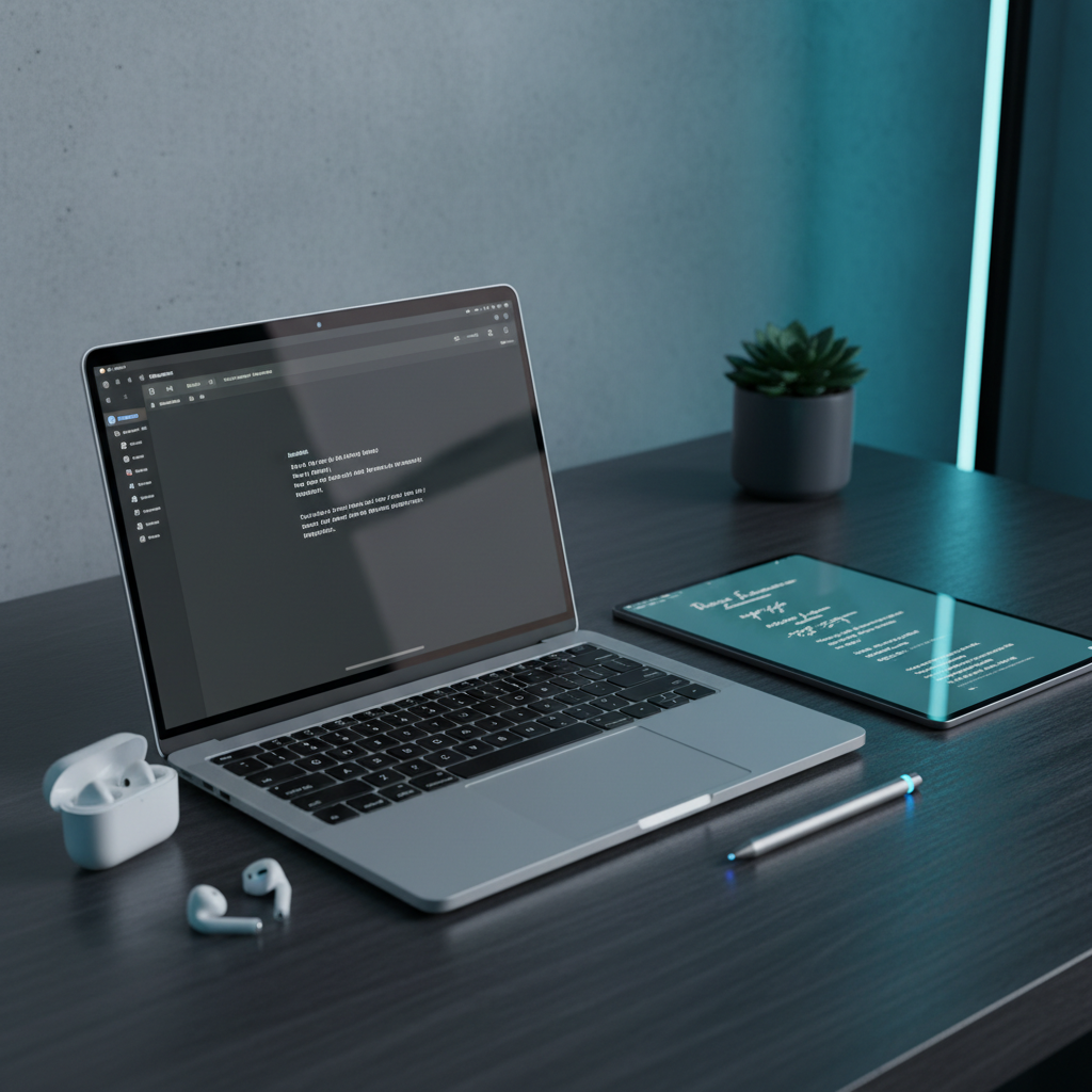 A modern, tech-forward writing workspace: a sleek laptop with a minimal text editor open, a tablet with handwritten notes, wireless earbuds, and a smart pen on a dark wooden desk. Soft ambient lighting, subtle reflections on the laptop screen, and a calm, focused atmosphere that feels thoughtful yet technologically advanced. Muted, cool tones with slight teal and deep blue accents.