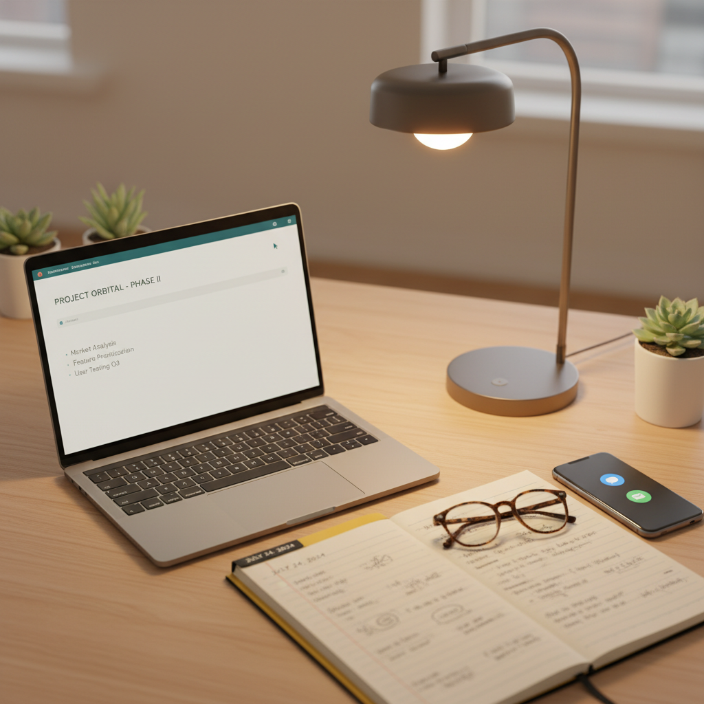 A warm, modern workspace with a slim laptop showing a minimalist text editor, a soft-glow desk lamp, a legal pad-style notebook with handwritten notes, a smartphone with subtle notifications, and a pair of glasses on a clean wooden desk. The scene feels tech-forward yet personal and reflective, with warm neutral tones and a hint of teal in the interface. Top-down or slight angle, softly focused background, square crop, photographic realism.